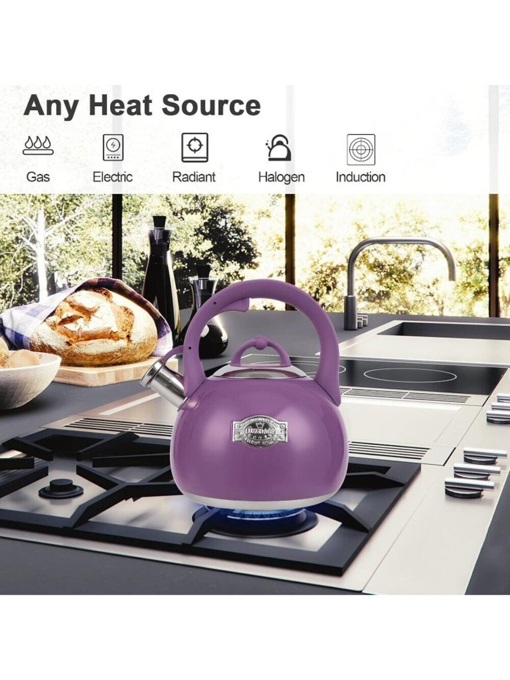 Purple Kitchen Whistling Tea Kettle 3.1 Quart Stainless Steel Stovetop Tea Pot - Picture 2 of 7